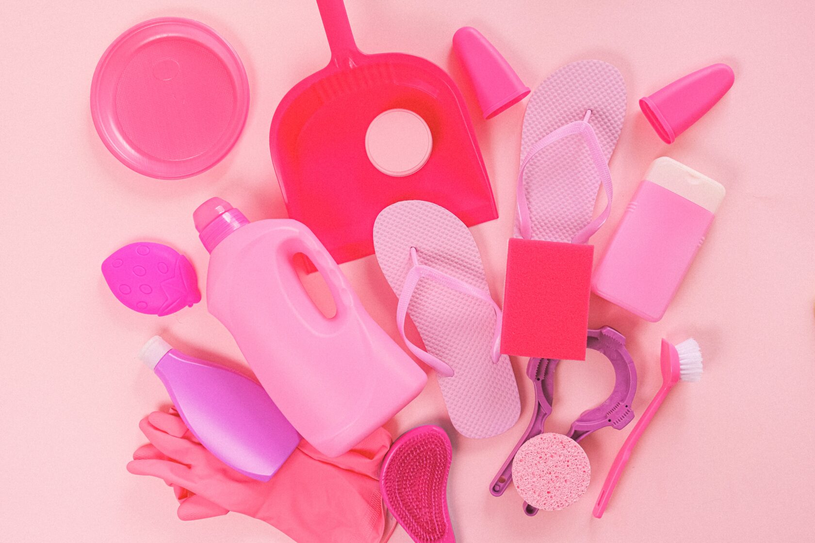 Pink products, shoes bottles, gloves and more.